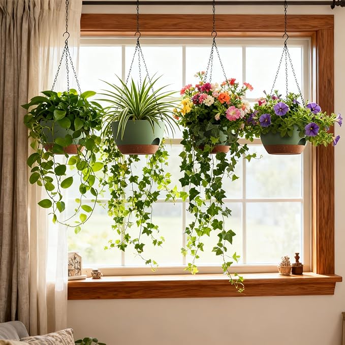 4 Pack 8 Inch Self Watering Hanging Planters for Indoor Outdoor Plants，Hanging Pots for Plants with Drainage Removable Tray, Hanging Baskets Flower Pots for Pothos Spider Garden Green with Brown UOUZ