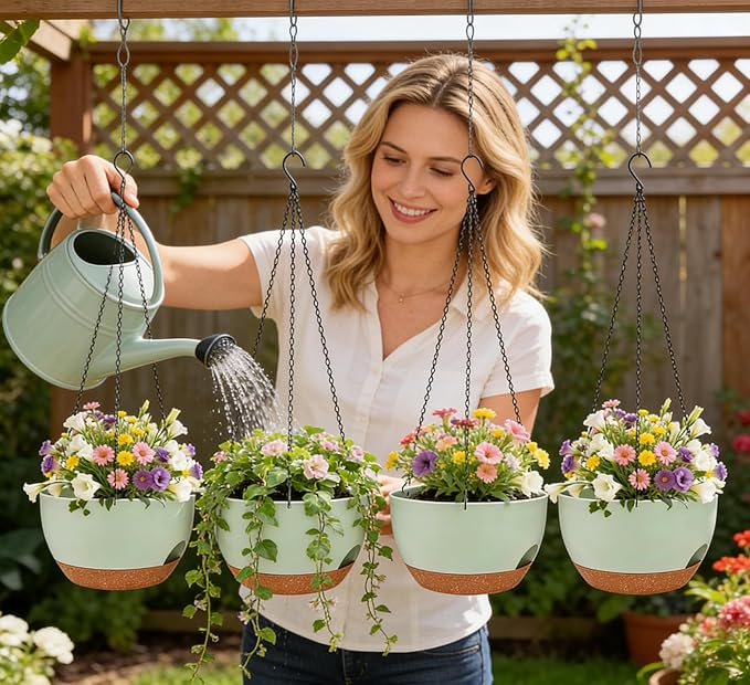 Set of 4-8 Inch Self Watering Hanging Planters for Indoor Outdoor，Hanging Plant Pots with Drainage & Removable Tray, Hanging Pots Holder for Ivy, Pothos, Ferns, Balcony & Patio, Green Brown zople