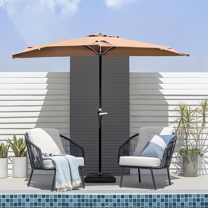 OLIXIS Half 9Ft Umbrella Outdoor Patio, Scalloped Patio Umbrella with Easy Crank, Sun Half Patio Umbrella for Balcony, Market, Garden, Khaki OLIXIS