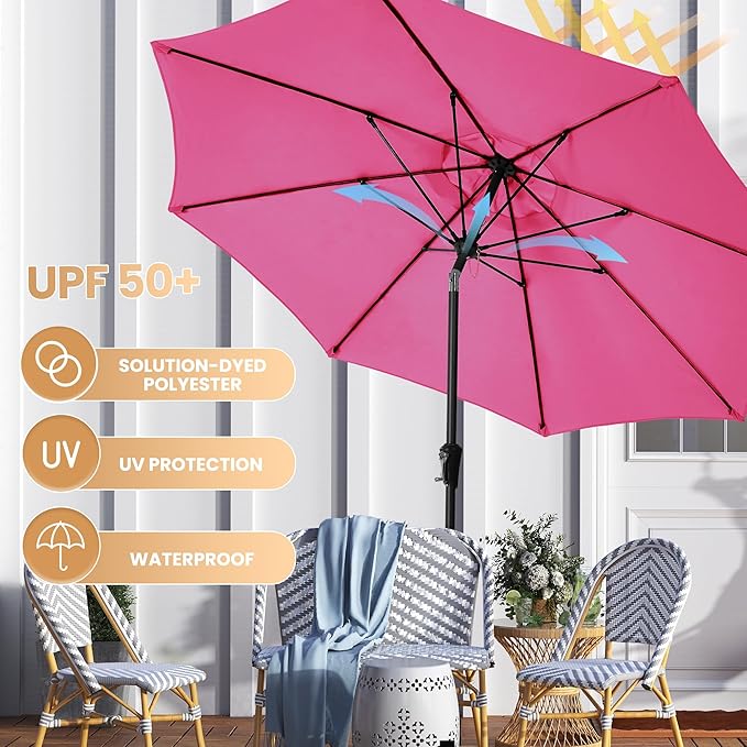 Ayge 9FT Large Outdoor Patio Umbrella Market Table Umbrella-UV Resistant, Easy Push Button Tilt and Crank, 8 Sturdy Fiberglass Ribs Heavy-Duty Pool Umbrella for Deck, Backyard,Garden,Rose Pink AYGE