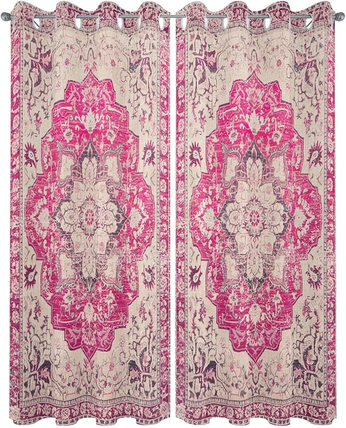 Pink Bohemian Outdoor Curtains for Patio Waterproof, Grommet Privacy Curtain Drapes Weatherproof Outside Curtains for Porch GazeboPergola Cabana 2 Panel 54x84inch Medallion Floral Geometric Printed Rootora