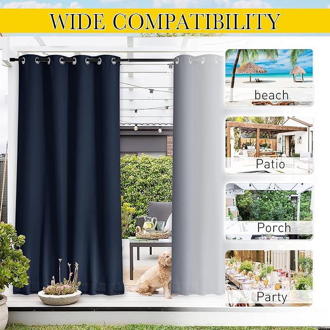 NICETOWN 2 Panels Fixed Outdoor Curtains for Patio Waterproof, Top & Bottom Grommet & Back Tab Windproof Drapes Thermal Insulated Blackout Outdoor Drapes for Gazebo, W52 x L72, Navy Blue, 2 Panels NICETOWN