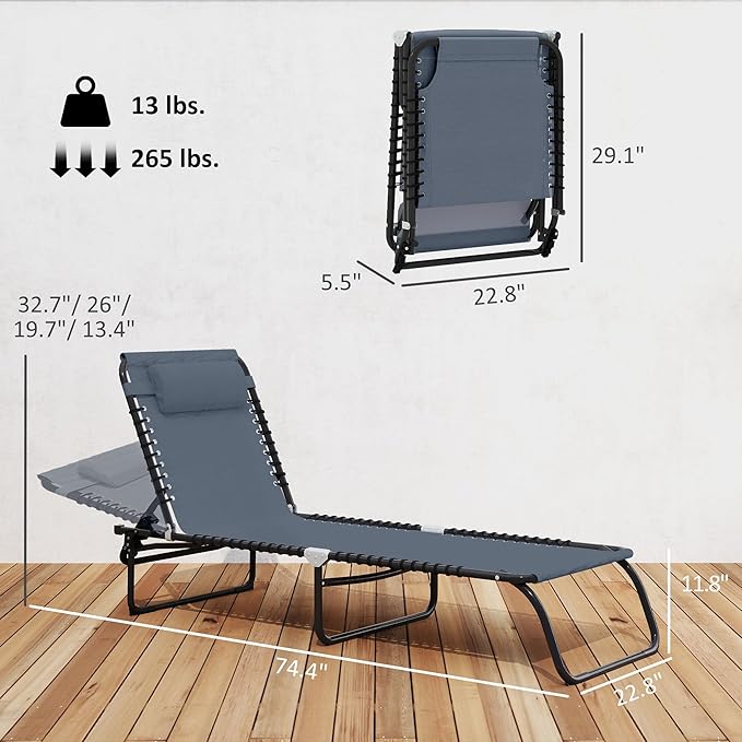 Outsunny Folding Chaise Lounge Chair, Patio Sun Tanning Chair, Outdoor Chaise Lounger with 4-Position Reclining Back, Breathable Mesh Seat for Beach, Poolside, Yard, Gray Outsunny