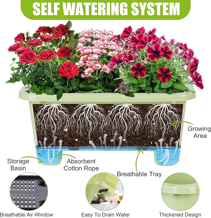 Self-Watering Rectangle Planter Boxes 8-Pack, 15.7-Inch Window Box Planter with Drainage Holes & Trays, Pots for Vegetables, Herbs, Flowers, Garden Windowsill Balcony (Light Green) Oliz
