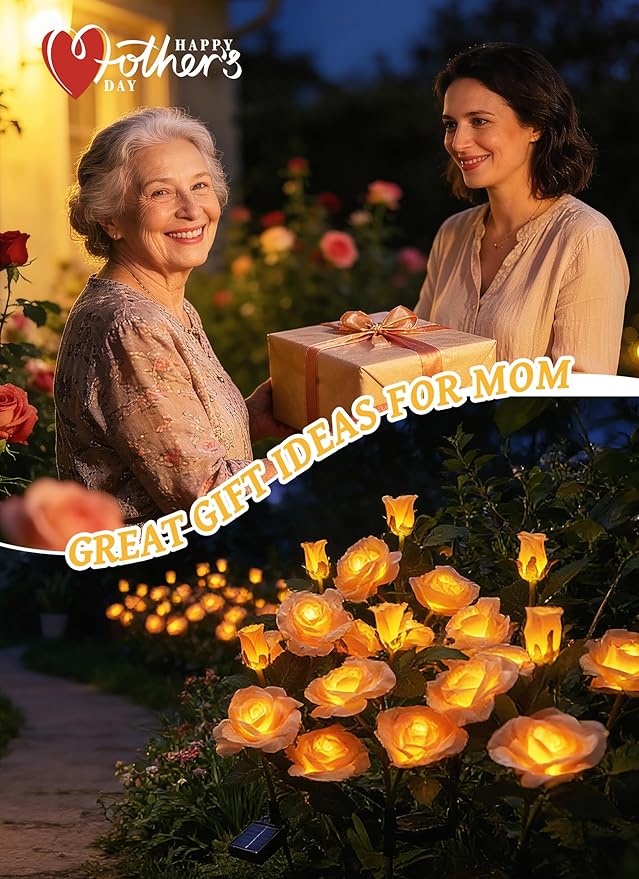 Brightown Outdoor Solar Flower Lights, 4 Pack Solar Garden Light with Larger & More Realistic Champagne Rose, Bigger Solar Panel, Waterproof Solar Lights Outdoor for Yard Garden Lawn Pathway Decor Brightown