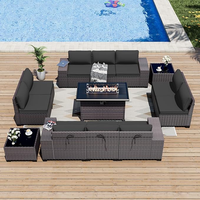 ALAULM 13 Pieces Outdoor Patio Furniture Set with Propane Fire Pit Table Outdoor Sectional Sofa Sets Patio Furniture 43" Gas Fire Pit Brown PE Rattan Patio Conversation Set w/10 Cushions (New Black) ALAULM
