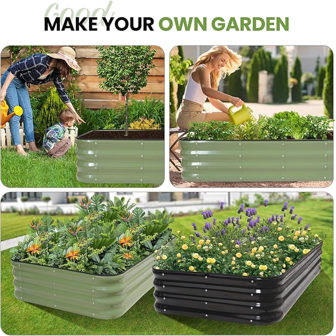 G GOOD GAIN 4-in-1 Adjustable Raised Garden Bed Kit | Galvanized Planter Boxes for Vegetables, Flowers | 12" Tall, Multiple Sizes (5x3x1ft, 4x4x1ft, 6x2x1ft, 7x1x1ft) | Outdoor Metal Raised Bed, Green GGOODGAIN