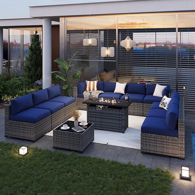 Aoxun Patio Furniture Sets, 12-Piece Outdoor Patio Furniture with 44'' Propane Gas Firepit Table, Wicker Outdoor Conversation Set Sectional Sofa for Backyard, Poolside, Garden Aoxun