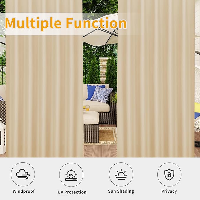Easy-Going Outdoor Patio Curtains Detachable Tab Top Windproof Weatherproof Curtain for Cabana, Porch, Pergola and Gazebo, Tab Bottom Drape, 2 Panels, 54W x 96L inch, Beige Easy-Going