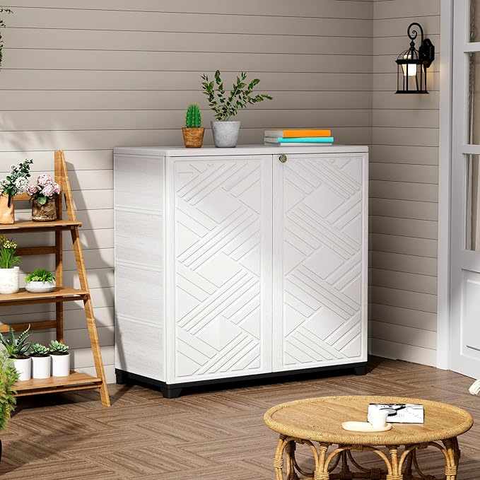 ZZM Indoor/Outdoor Storage Cabinet Waterproof, 34"x15"x34" Plastic Outdoor Storage Box for Garden Balcony Bathroom, All Weather Outdoor Storage Clearance, DIY Usage, with 2 Shelf (White) ZZM