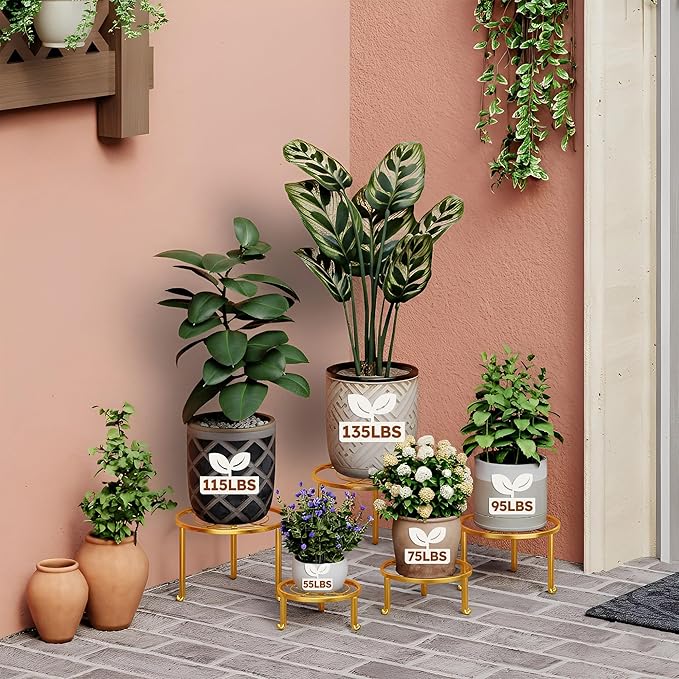 5 Pack Plant Stand Indoor Outdoor, Flower Pot Stand Plant Rack for Home Courtyard Gardens, Round Metal Corner Plant Stand for Flower Holder for Multiple Plants Rootora