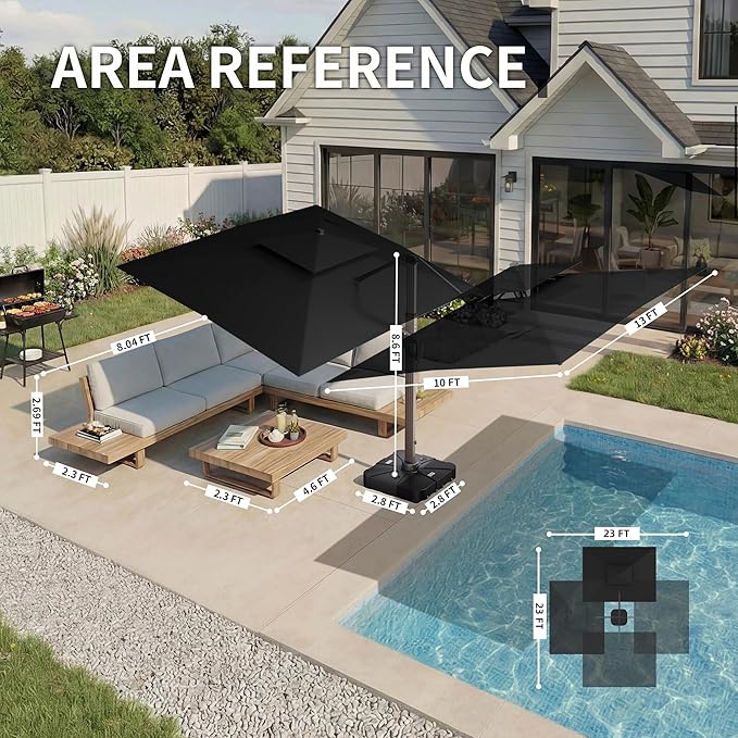 10 X 13 FT Cantilever Patio Umbrella with LED Lights Outdoor Heavy Duty Double Top Windproof Rectangle Offset Umbrellas with 360-degree Rotation for Pool Deck Backyard, Black Ombrellon