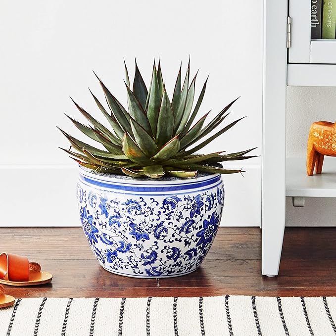 Red Lantern 12" Floral Blue & White Porcelain Fishbowl Planter or Cachepot for Indoor/Outdoor Use in Garden Entryway Living Room Boho Eclectic Modern Contemporary Classic Traditional Style Decor RedLantern