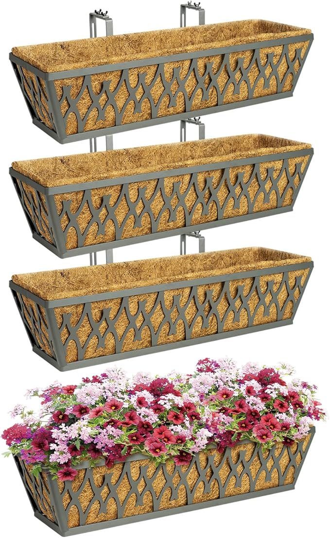 4 Pack 24 Inch Window Boxes Planters Railing Planter Box with Adjustable Brackets for Porch Fence Patio Balcony Hanging Flower Baskets with Coco Liners for Outdoor Garden Decor - Dark Grey KarlliuHOMEGARDEN