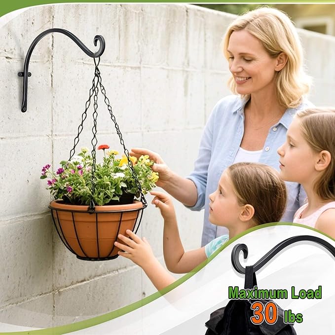 Qiang Ni Bird Feeder Hanger: 12-Inch Wall-Mounted Plant Bracket Outdoor - 4 Pieces Black Plant Hooks for Hanging Flower Baskets QiangNi