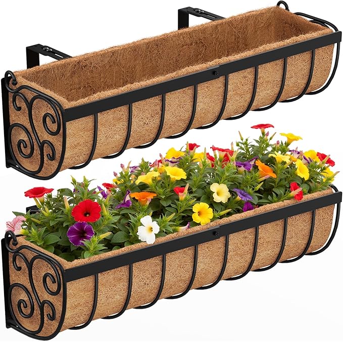 Railing Planter Boxes, 24 Inch Window Boxes Planters, Balcony Planters with Adjustable Brackets & Coco Liner & Support Rod for Outdoor Fence, Deck, Porch, and Patio Gardening, 2 Pack VOXOR