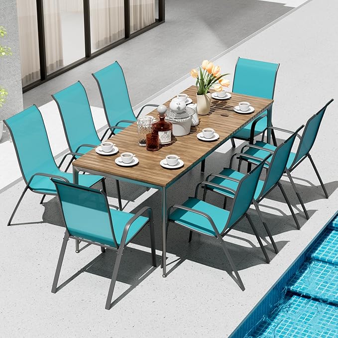 TLSUNNY Patio Chairs, Stackable Textilene Outdoor Dining Furniture for All Weather, with 17.7″ Wide Seat & Metal Frame, for Garden, Backyard, Deck, Restaurant, Poolside (8, Turquoise Blue, 26.4″) TLSUNNY