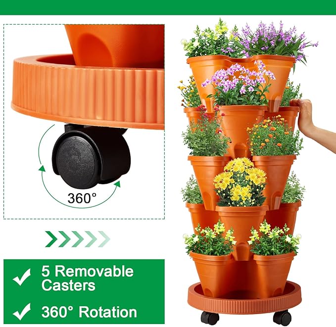 Umigy 2 Set 5 Tier Stackable Planters Vertical Garden Planters for Strawberry Herb Flower and Vegetable Indoor Outdoor Gardening Pots with Removable Wheels and Bottom(Terracotta) Umigy