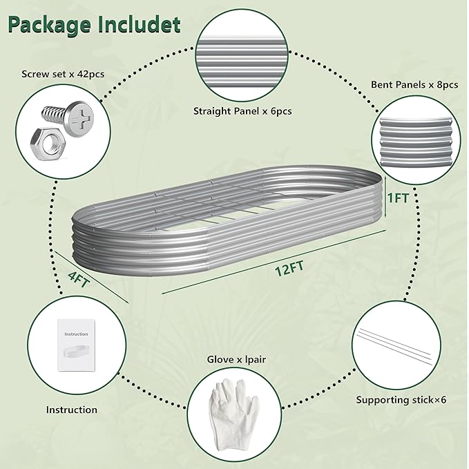 2PCS 12x4x1FT Galvanized Raised Garden Bed Kit,Vegetable Boxes-Oval Metal Flower Box,Large Planter Raised Beds Outdoor Garden for Planting,Fruit,Herb-Silver Yortrek