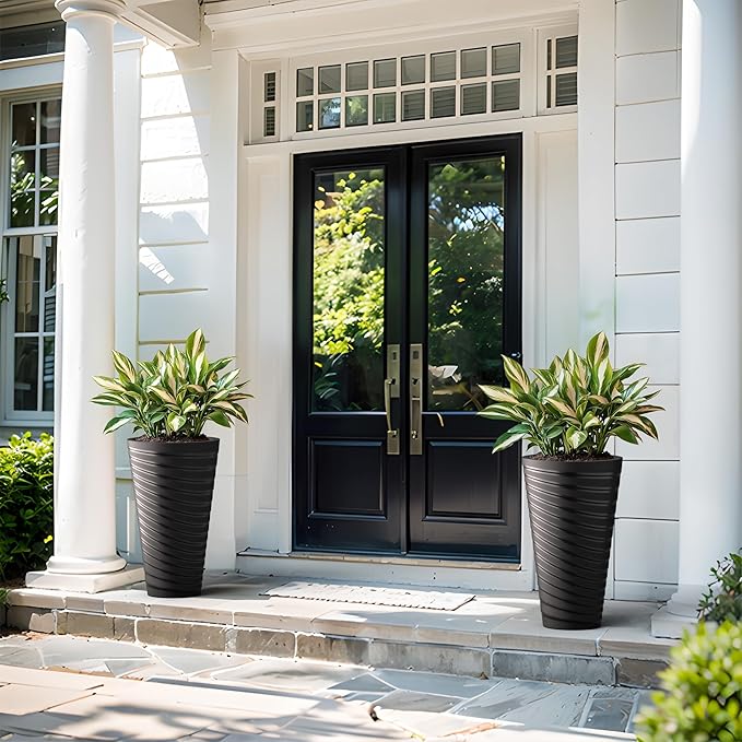 Kante 23 Inch Tall Planter Set of 2, Round Spiral Textured Flower Pots, Decorative Plant Pots for Outdoor Indoor Garden Patio Front Porch (Black) Kante