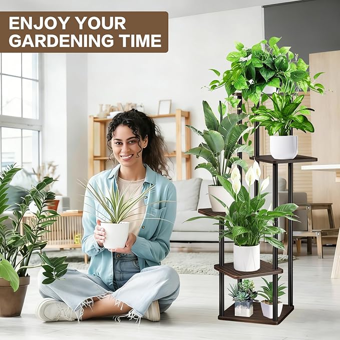 5 Tier Wood Tall Plant Stand Metal Rack Indoor, Multiple Flower Pot Holder Shelves Corner Rack, Planter Shelf Display Rack Storage Organizer for Patio Living Room Balcony Garden(Black Oak) YOCOMEY