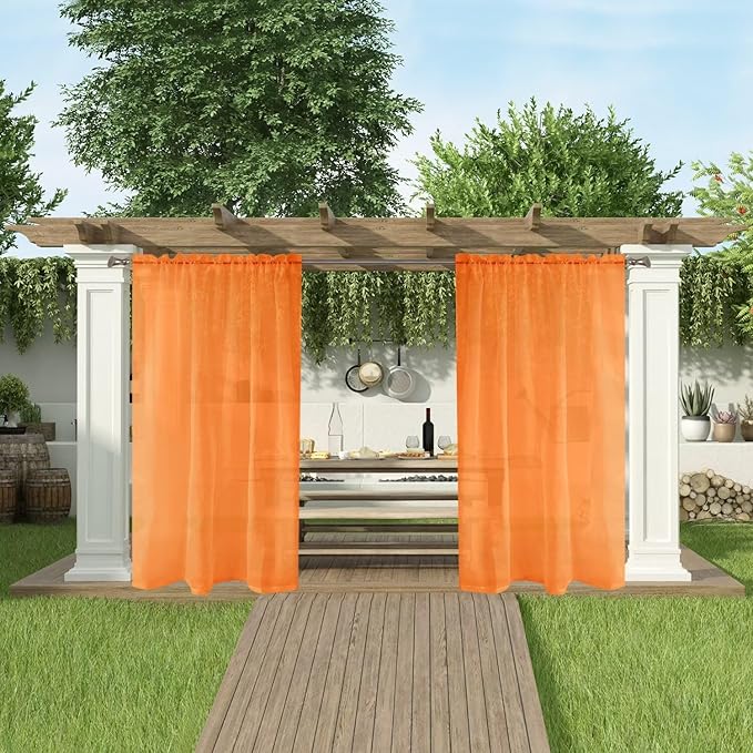 SpaceDresser Waterproof Outdoor Sheer Curtains for Patio - 2 Panels Rod Pocket Indoor Voile Sheer Curtain for Living Room,52W x 108L inch, Orange SpaceDresser