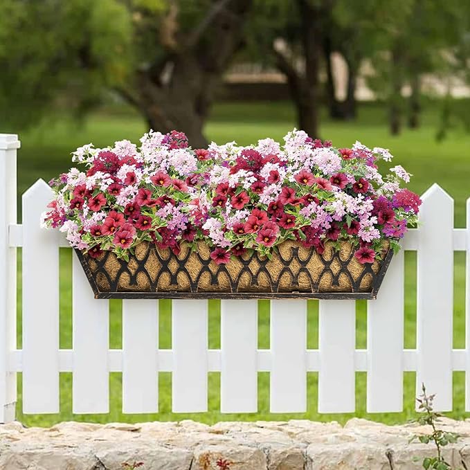 4 Pack 24 Inch Window Boxes Planters Railing Planter Box with Adjustable Brackets for Porch Fence Patio Balcony Hanging Flower Baskets with Coco Liners for Outdoor Garden Decor - Bronze KarlliuHOMEGARDEN