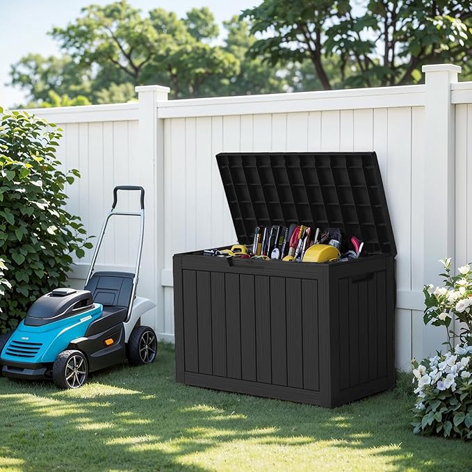 EasyUp 45 Gallon Outdoor Storage Box Waterproof, UV Resistant Deck Box Outdoor, Lockable Resin Deck Boxes for Garden Tools Equipment and Cushions, Black EASYUP