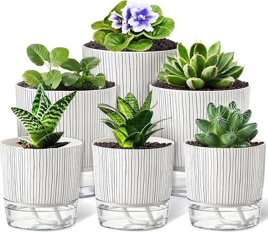 6 Pack Self Watering Pots for Indoor Plants, Flower Planters with Wick Rope & Reservoir, 4" + 5.5" Plastic Pots for African Violet, Orchid, Succulent, Herbs Rootora