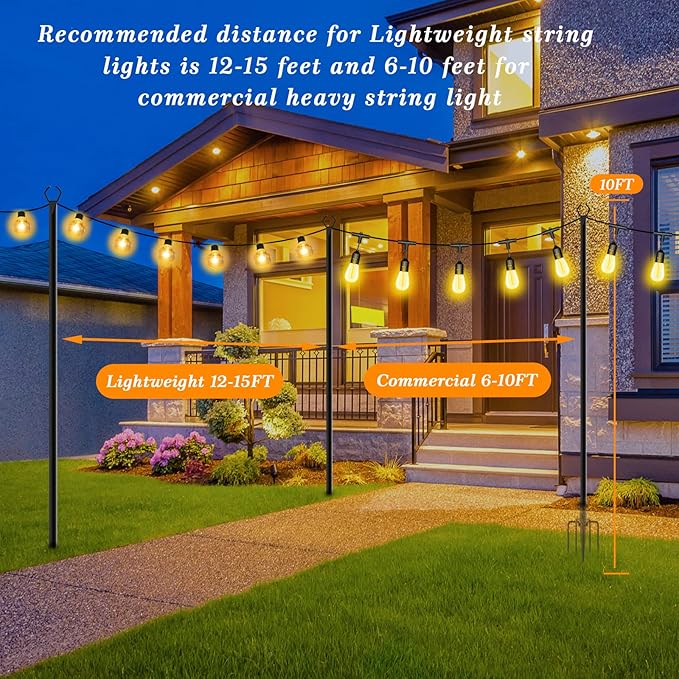 2 Pack String Light Poles,10 Ft Light Poles for Outside String Lights,Outdoor Lights Pole with Fork,Metal Poles Stand for Patio Deck Backyard Mutovlin