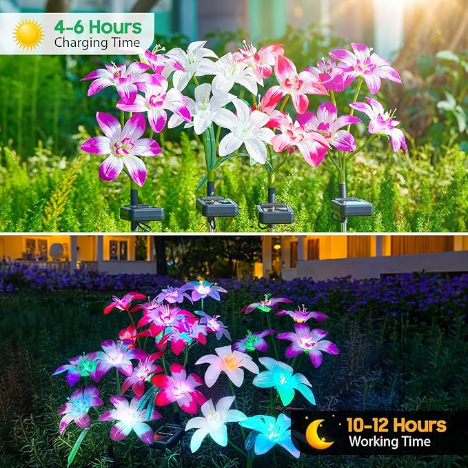 Solar Garden Lights Outdoor, 4 Pack Blooming Lily Solar Flowers Outdoor Waterproof, 7 Color Changing Bigger Flower Lights for Yard Patio Decor, Gift for Mom AHAORIGIN