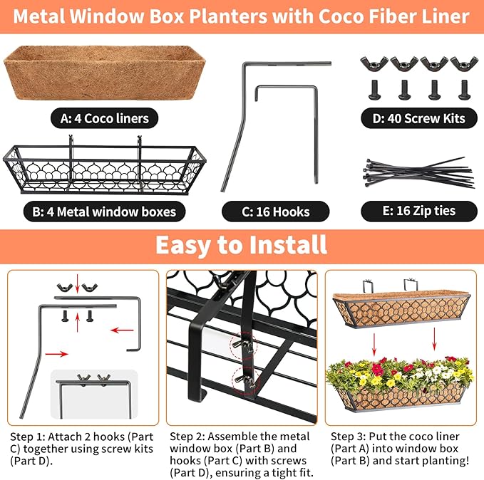Riare 4 Pack 24 Inch Window Boxes Planters with Coco Liner, Metal Deck Railing Planter Boxes, Balcony Planters Railing Hanging, Horse Trough Window Flower Planter Boxes for Outdoor Porch Fence Patio Riare