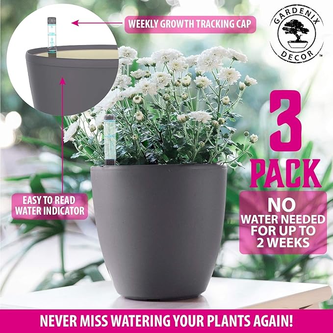 GARDENIX DECOR 7'' Self Watering planters for Indoor Plants - with Water Level Indicator for Flower Pot , Grow Tracking Tool - Coco Coir - Gray 3 Pack Rootora