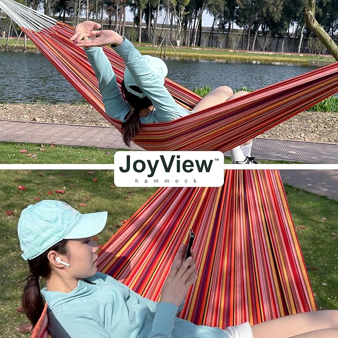 JoyView Brazilian Double Hammock with Hanging Ropes Extra Large 86.6x59” Portable Cotton Hammock for Patio Backyard Porch 450LBS Weight Capacity Perfect for Outdoor/Indoor - Blue & White Stripes JoyView