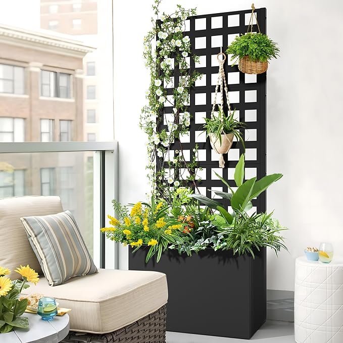 FENCY Metal Planter Box with Trellis, Planter Trellis for Climbing Plants Vegetable Vines, Trellis with Planter Box & Privacy Screen, Raised Garden Bed with Drainage Holes (23.6" L x 63" H/Lattice) FENCY