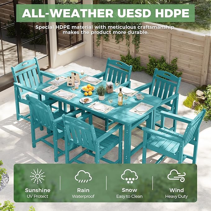 HDPE Outdoor Dining Set, Patio Table and Chairs Set, All-Weather 7-Piece Outside Table and 6 Chairs, 2" Umbrella Hole, Outdoor Furniture for Garden, Poolside, Backyard, Deck | Lake Blue Rootora