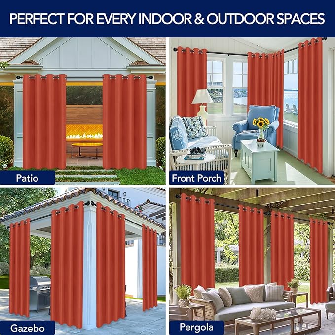 PureFit Outdoor Curtains for Patio Waterproof Weatherproof, UV Resistant Outside Curtains for Gazebo, Front Porch, Pergola, Sun Blocking Privacy Curtain, 52W x 108L inch, 1 Panel, Red Clay PureFit