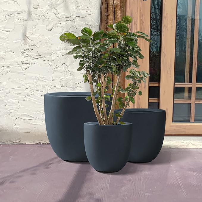 Kante 20",16.5",13.4" Dia Round Concrete Planters (Set of 3), Outdoor Indoor Modern Decorative Plant Pots with Drainage Hole & Rubber Plug for Home & Garden, Charcoal Kante