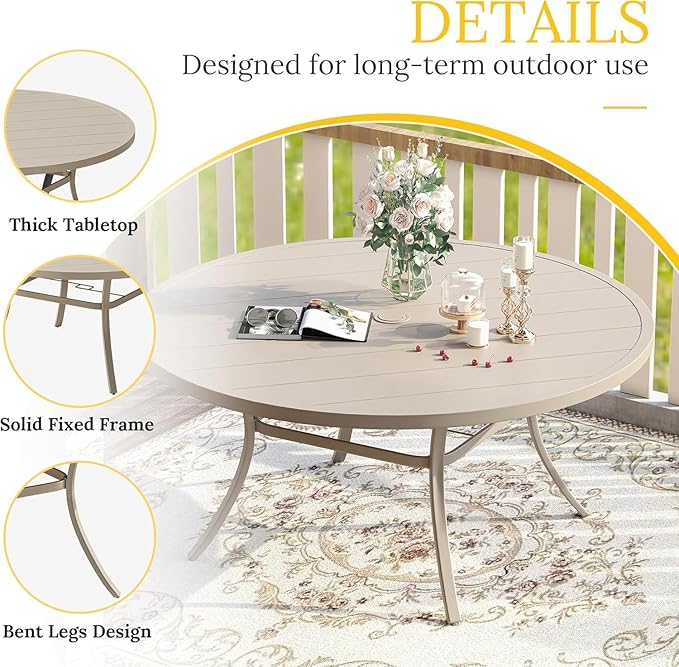 VICLLAX 53" Outdoor Round Patio Table for Lawn Garden, All Weather Metal Round Patio Dining Table with Adjustable Umbrella Hole, Patio Table for 8 Person, Sandshell Tabletop HOME
