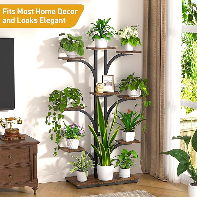 ikkle Plant Stand Indoor with Grow Lights, 64" Tall Plant Shelf, 9 Tiered Corner Plant Shelves for Indoor Plants Multiple, Large Flower Display Holder, Tree-Shaped Plant Rack for Home, Living Room, Patio Decor iKKLEHome