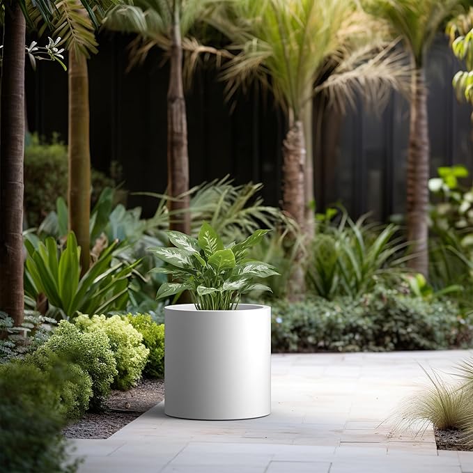 Kante 15.7" Dia Round Concrete Planter, Modern Style Large Cylindrical Plant Pot with Drainage Hole and Rubber Plug for Indoor Outdoor Patio, White Kante