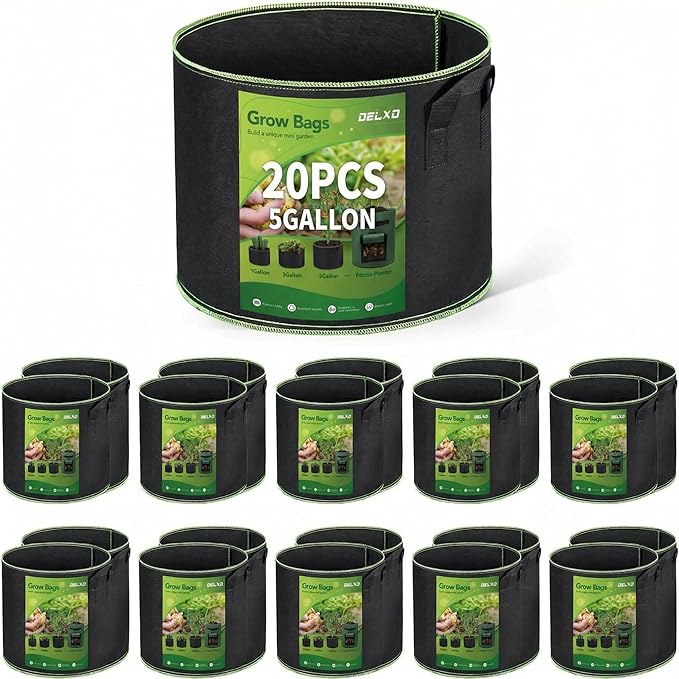 Delxo 20 Pack 5 Gallon Grow Bags Heavy Duty Aeration Fabric Pots Thickened Nonwoven Garden Plant Growing Bags with Handles for Planting Delxo