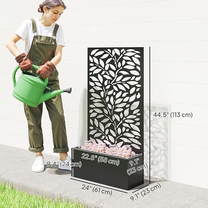 Outsunny Metal Raised Garden Bed with Trellis for Climbing Plants, Freestanding or Wall Mounted Flower Bed with Privacy Panel, Leaves Cut-Outs Outdoor Planter Box for Garden, Patio, Balcony Outsunny
