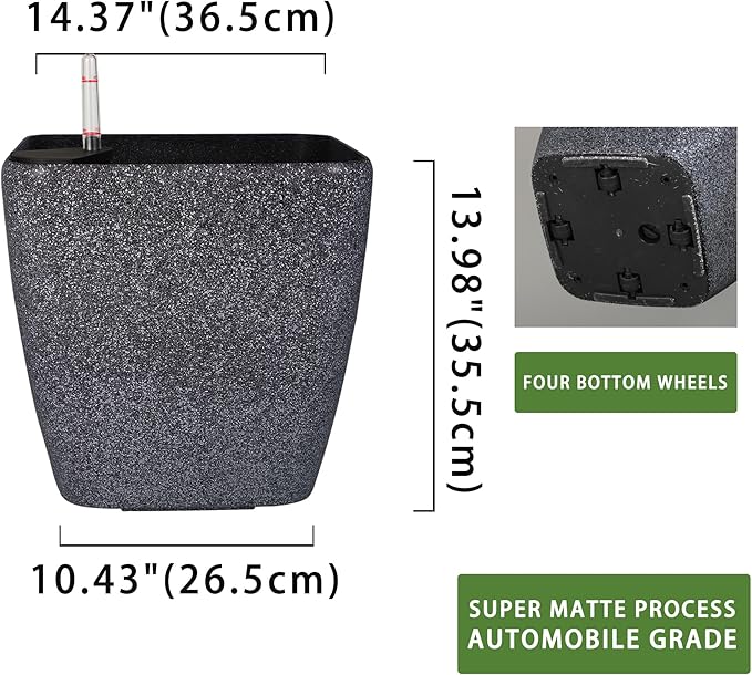Dexceder 15x14 Self Watering Planter with Wheels Indoor Outdoor, Inner Mat Design, Thickened Large Floor Standing Flower Plant Pot with Water Level Indicator (Stone Matte) Dexceder