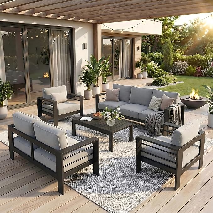 Solaste Aluminum Outdoor Patio Furniture Set, 7 Seats Patio Sectional Sofa with 5" Thick Cushion, Outdoor Patio Set with Coffee Table for Porch, Backyard, Deck, Yard, Light Grey Solaste