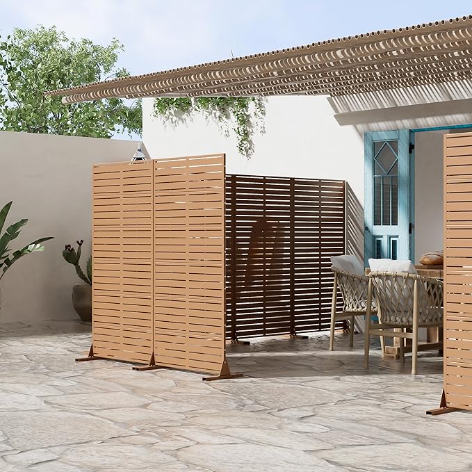 Casaphoria Metal Privacy Screen Outdoor, 72" H x 35" W Freestanding Decorative Privacy Screen for Patio Deck Balcony Garden with Stable Base, Brown-Louvered Casaphoria