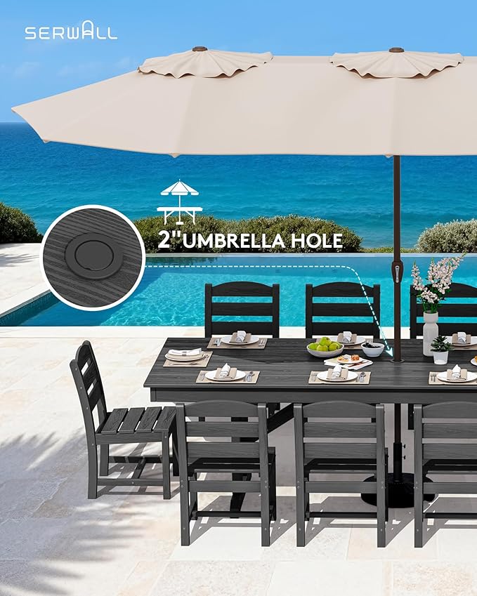 SERWALL 11 Piece Outdoor Dining Set, 84" HDPE Outdoor Table and Chairs for 10，All Weather Patio Furniture Set with Umbrella Hole for Backyard, Garden, Black SERWALL
