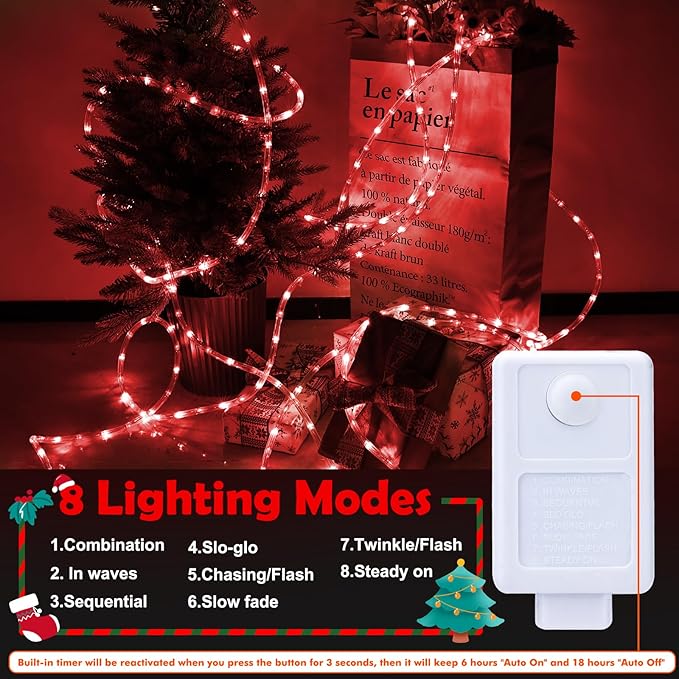 100ft LED Rope Lights Outdoor, 720 LED Connectable and Flexible Tube Lights with 8 Modes, Waterproof LED Rope Lighting for Garden, Patio, Pool, Bedroom, Party, Indoor Outdoor Christmas Decor (Red) Jnaurb
