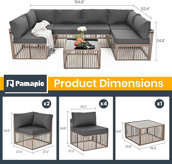 Pamapic 7 Piece Outdoor Sectional Sofa Set, All-Weather Patio Furniture with Washable Cushions, Waterproof Brown Rattan Wicker Conversation Set for Backyard, Poolside, Gray Cushion Pamapic