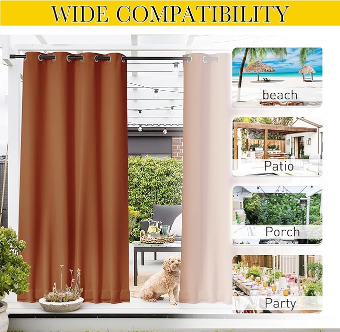 NICETOWN 2 Panels Outdoor Curtains Waterproof Fixed Grommet/Back Tab on Top & Bottom, Thermal Insulated Windproorf Sun Blocking Outdoor Drapes with Rope for Patio/Gazebo, W52 x L84, Burnt Orange NICETOWN